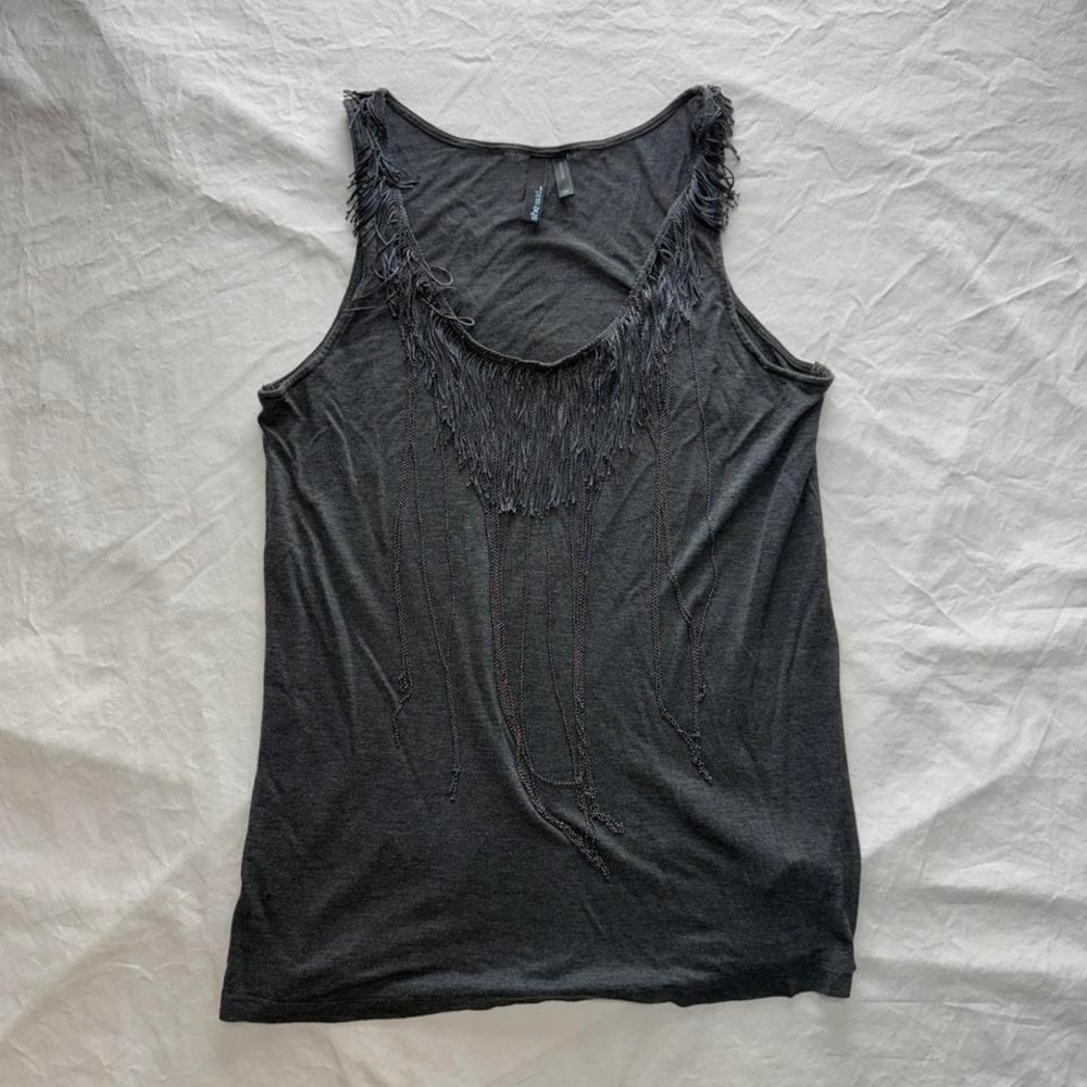 She Said Fringe Grey Tank Top Chain Detail Women's Sz M Y2k Festival Grunge
